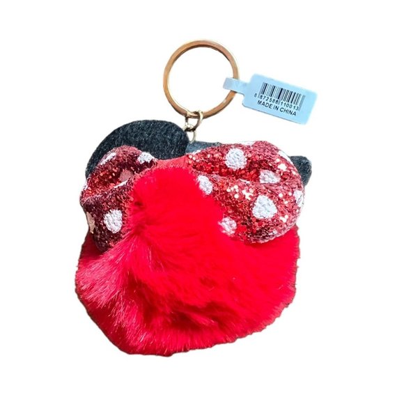 Disney Minnie Mouse Pom Pom Keychain Bow Glitter Red Black - Picture 2 of 8